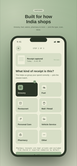 ShopSense receipt type selector — grocery, fuel, dining, and more